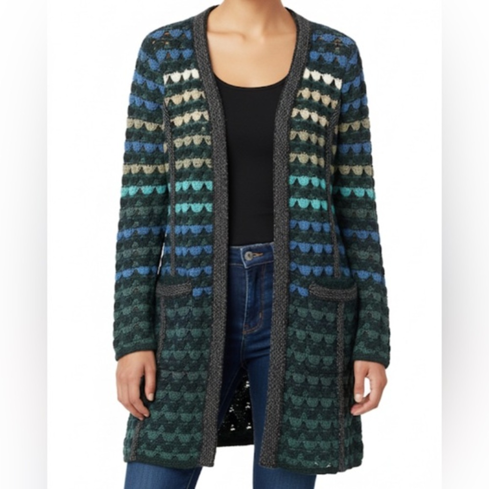 NIC+ZOE Shades of Blue Fish Scale Cardigan Long Sweater Size L